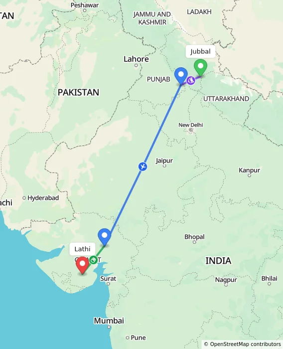 Route map showing distance and travel time from Jubbal, India to Lathi, India