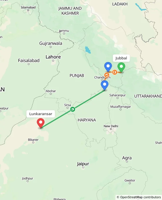 Route map showing distance and travel time from Jubbal, India to Lunkaransar, India