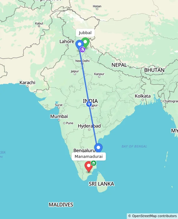 Route map showing distance and travel time from Jubbal, India to Manamadurai, India