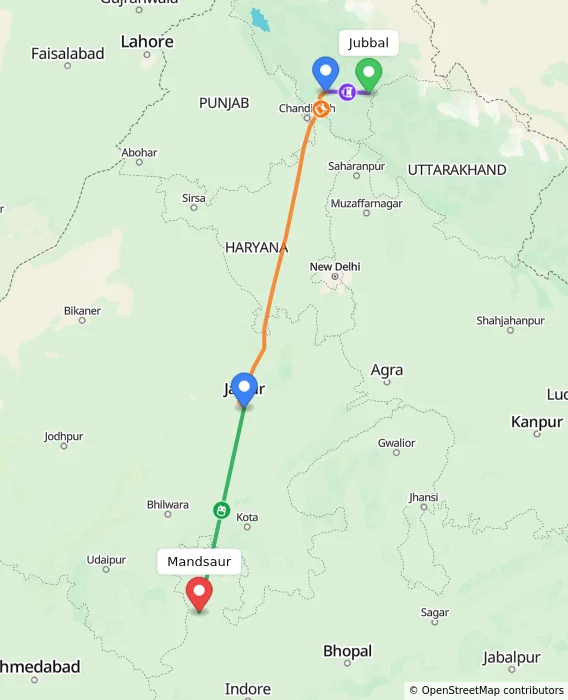 Route map showing distance and travel time from Jubbal, India to Mandsaur, India
