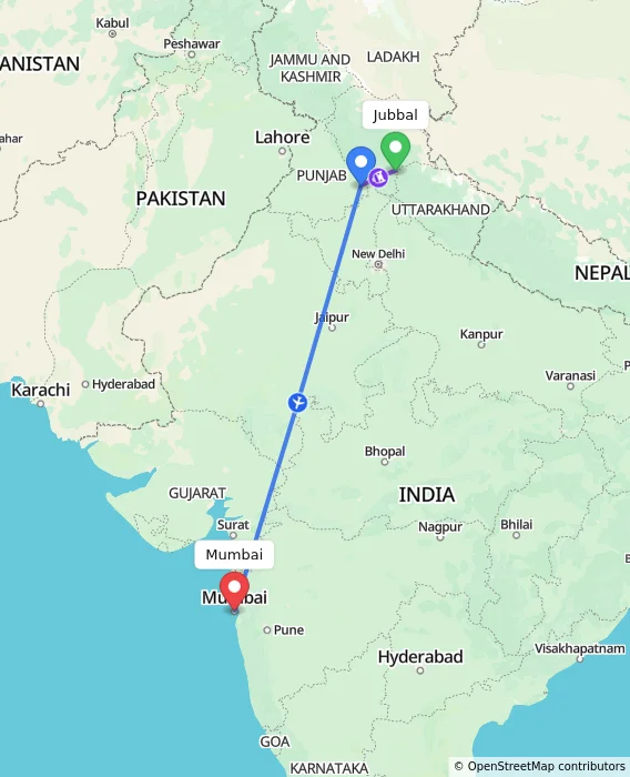 Route map showing distance and travel time from Jubbal, India to Mumbai, India