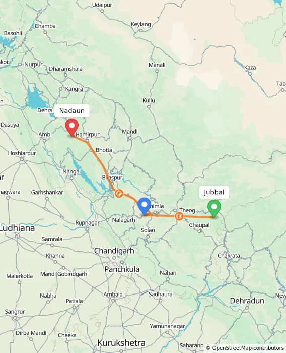 Route map showing distance and travel time from Jubbal, India to Nadaun, India