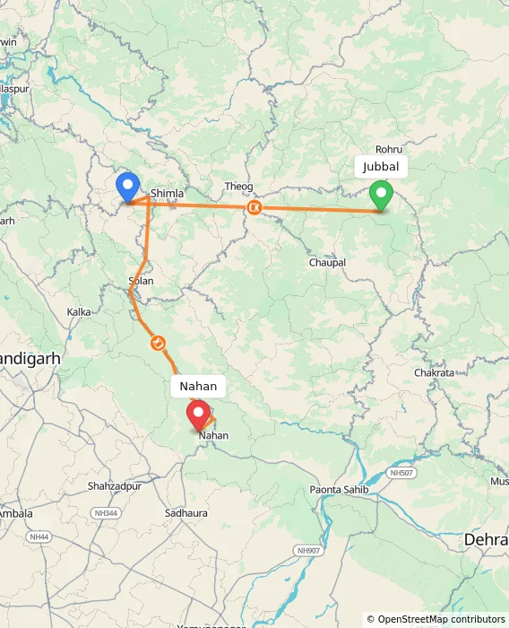 Route map showing distance and travel time from Jubbal, India to Nahan, India