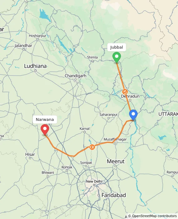 Route map showing distance and travel time from Jubbal, India to Narwana, India