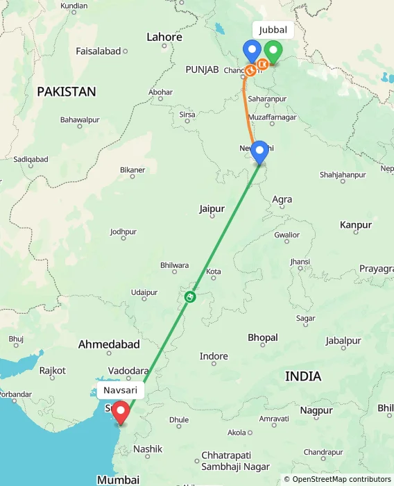 Route map showing distance and travel time from Jubbal, India to Navsari, India