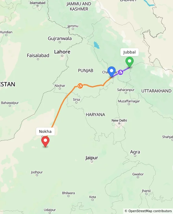 Route map showing distance and travel time from Jubbal, India to Nokha, India