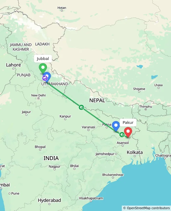 Route map showing distance and travel time from Jubbal, India to Pakur, India
