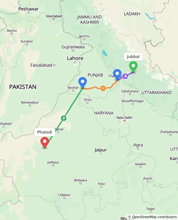 Route map showing distance and travel time from Jubbal, India to Phalodi, India
