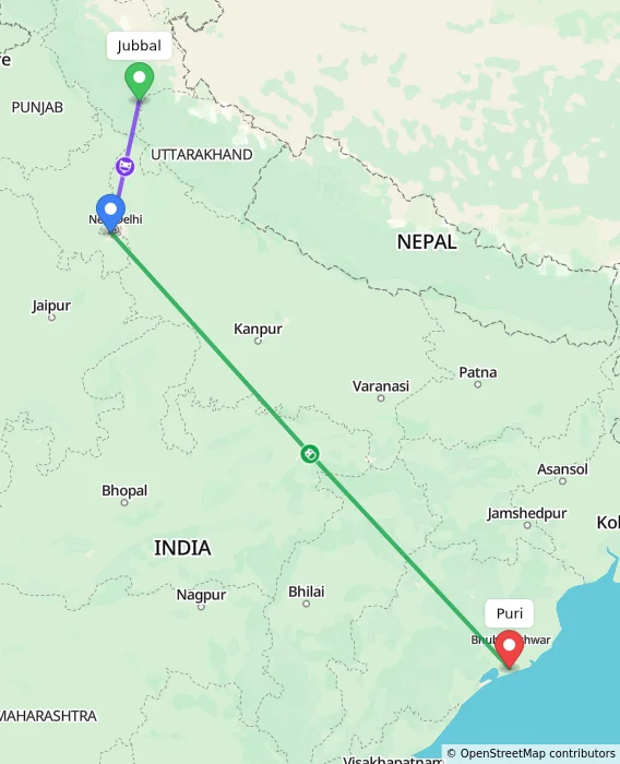 Route map showing distance and travel time from Jubbal, India to Puri, India