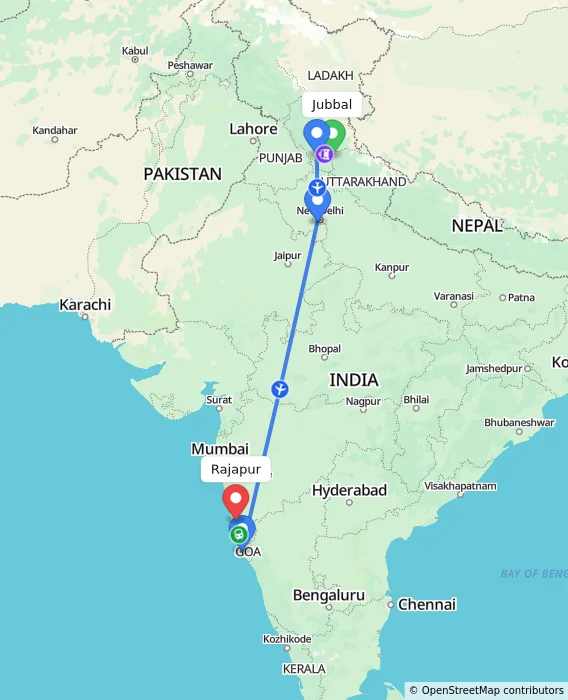 Route map showing distance and travel time from Jubbal, India to Rajapur, India