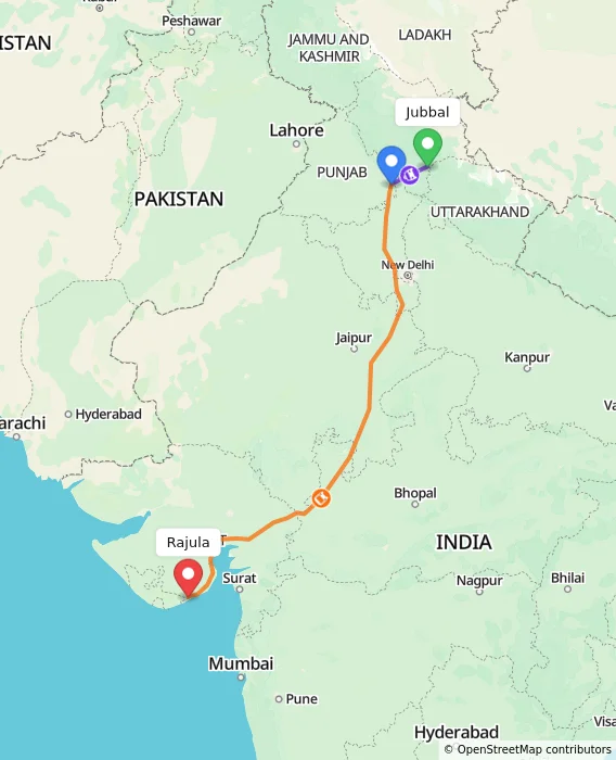 Route map showing distance and travel time from Jubbal, India to Rajula, India