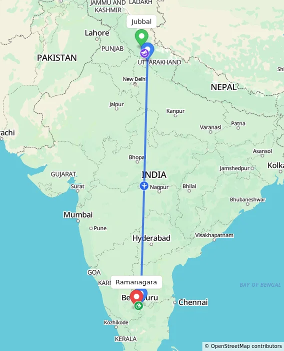 Route map showing distance and travel time from Jubbal, India to Ramanagara, India