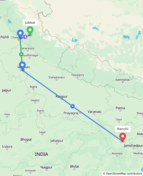 Route map showing distance and travel time from Jubbal, India to Ranchi, India