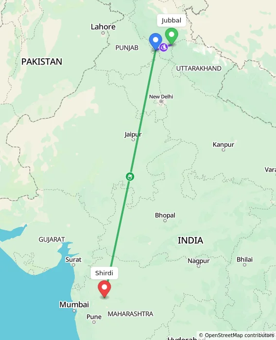 Route map showing distance and travel time from Jubbal, India to Shirdi, India