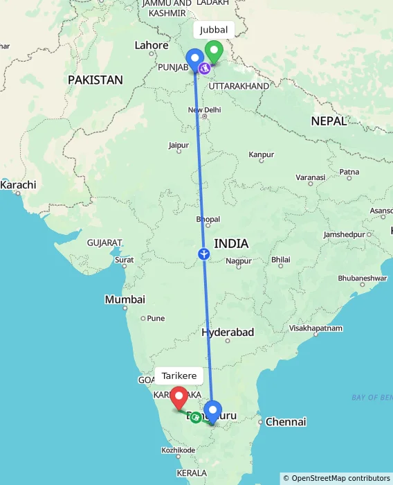 Route map showing distance and travel time from Jubbal, India to Tarikere, India