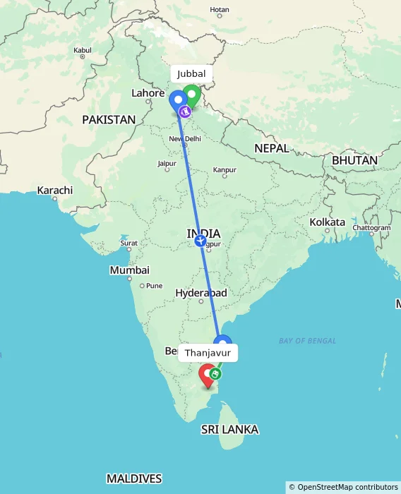 Route map showing distance and travel time from Jubbal, India to Thanjavur, India