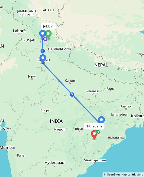 Route map showing distance and travel time from Jubbal, India to Titilagarh, India