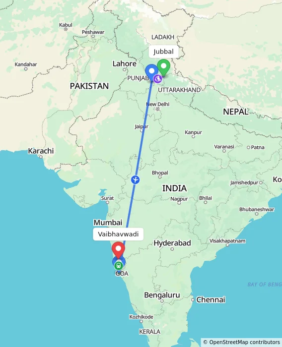 Route map showing distance and travel time from Jubbal, India to Vaibhavwadi, India
