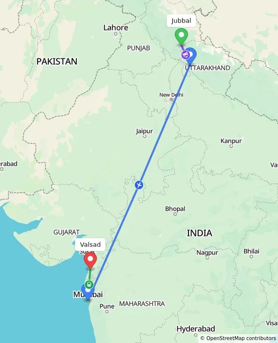 Route map showing distance and travel time from Jubbal, India to Valsad, India