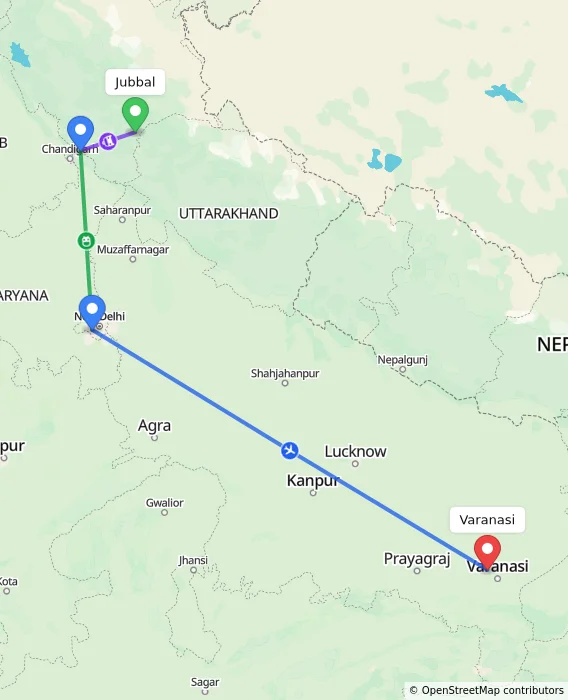 Route map showing distance and travel time from Jubbal, India to Varanasi, India