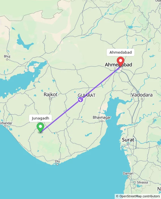 Route map showing distance and travel time from Junagadh, India to Ahmedabad, India