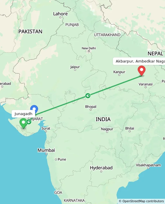 Route map showing distance and travel time from Junagadh, India to Akbarpur, Ambedkar Nagar, India