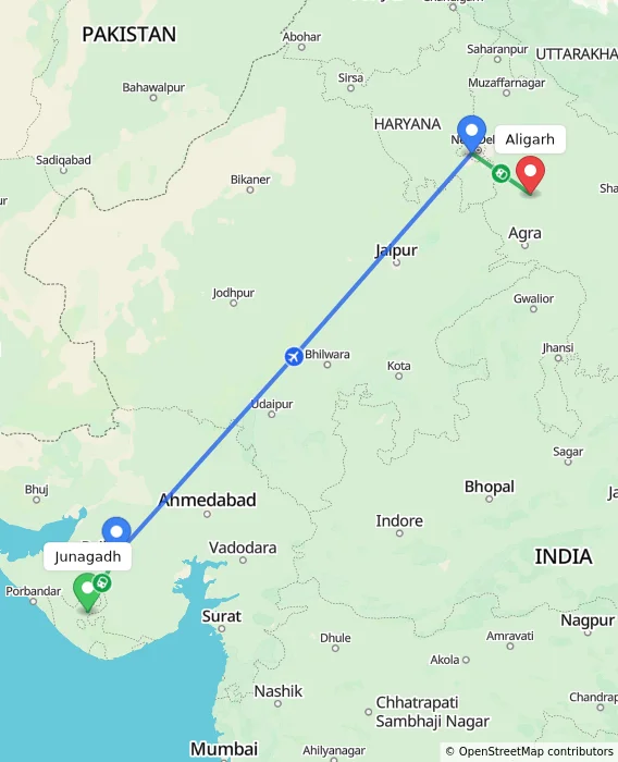 Route map showing distance and travel time from Junagadh, India to Aligarh, India