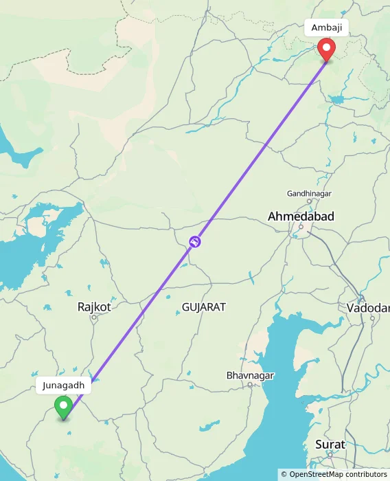 Route map showing distance and travel time from Junagadh, India to Ambaji, India