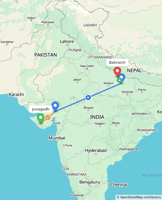 Route map showing distance and travel time from Junagadh, India to Bahraich, India