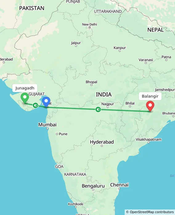Route map showing distance and travel time from Junagadh, India to Balangir, India
