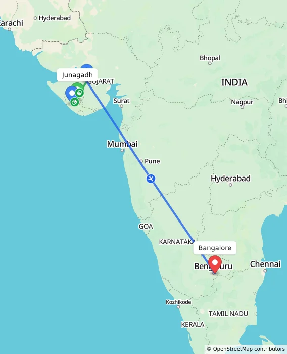 Route map showing distance and travel time from Junagadh, India to Bangalore, India
