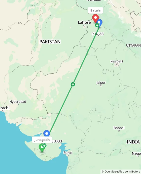 Route map showing distance and travel time from Junagadh, India to Batala, India