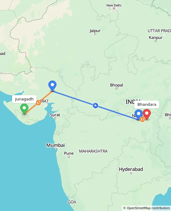 Route map showing distance and travel time from Junagadh, India to Bhandara, India