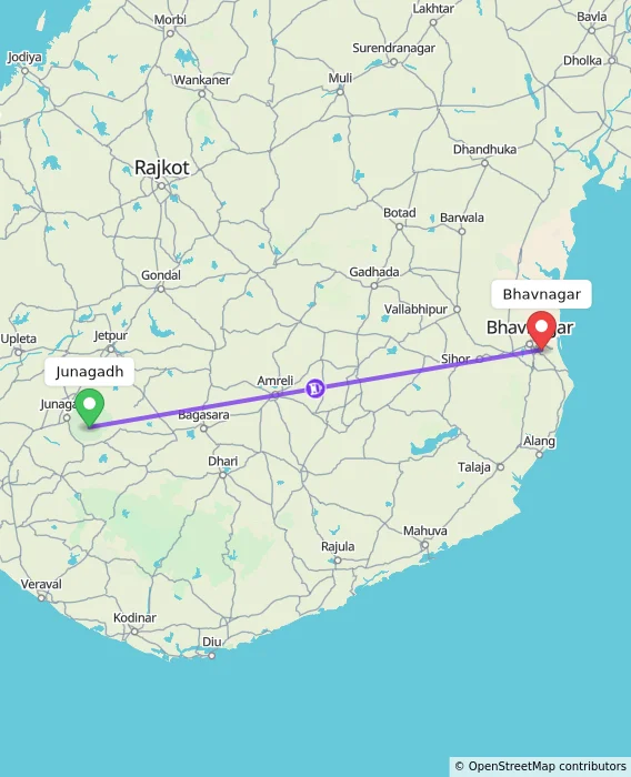 Route map showing distance and travel time from Junagadh, India to Bhavnagar, India