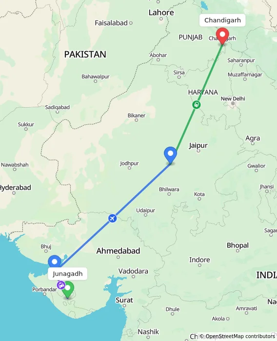 Route map showing distance and travel time from Junagadh, India to Chandigarh, India