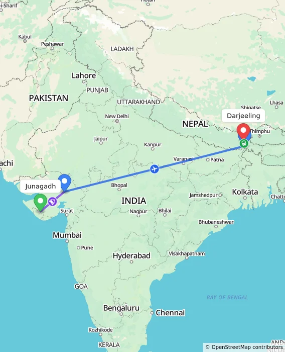 Route map showing distance and travel time from Junagadh, India to Darjeeling, India