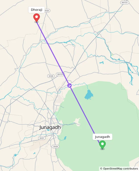 Route map showing distance and travel time from Junagadh, India to Dhoraji, India