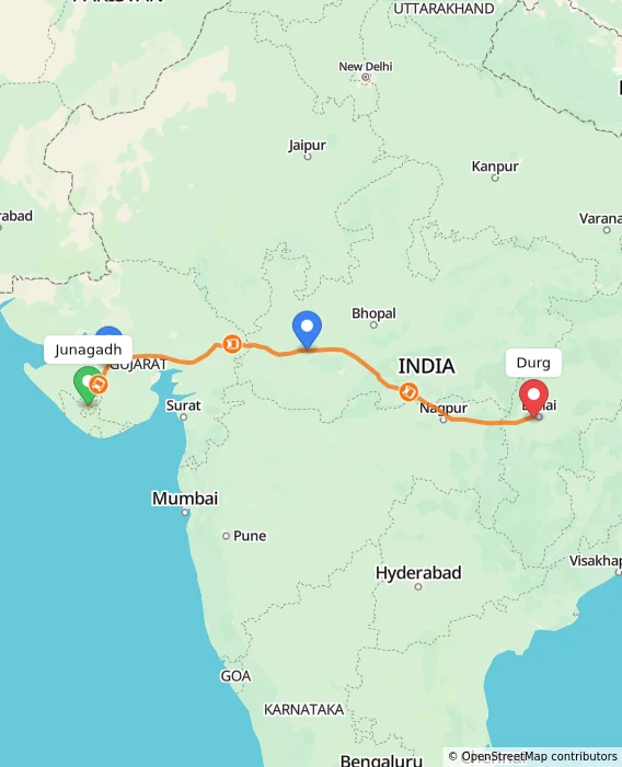 Route map showing distance and travel time from Junagadh, India to Durg, India