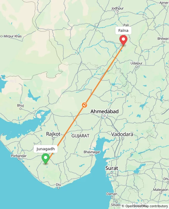Route map showing distance and travel time from Junagadh, India to Falna, India