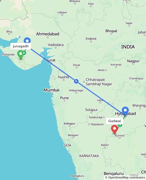 Route map showing distance and travel time from Junagadh, India to Gadwal, India