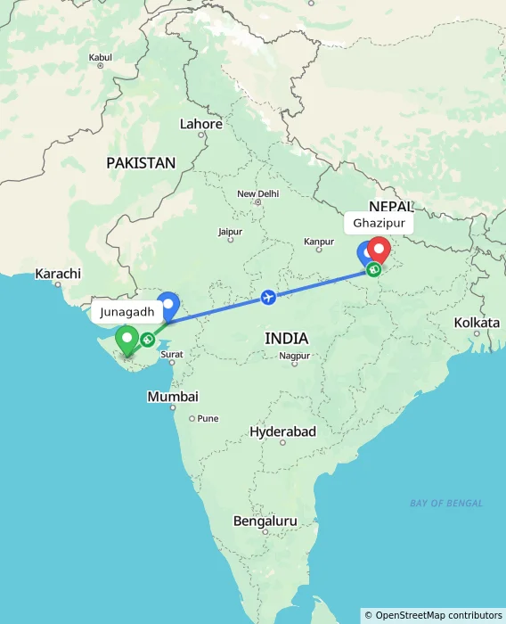 Route map showing distance and travel time from Junagadh, India to Ghazipur, India