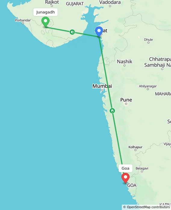 Route map showing distance and travel time from Junagadh, India to Goa, India