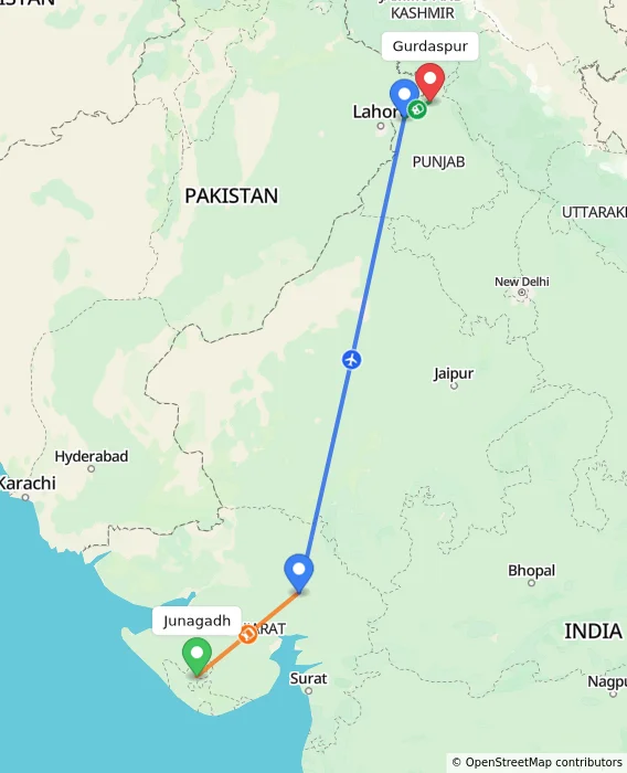 Route map showing distance and travel time from Junagadh, India to Gurdaspur, India