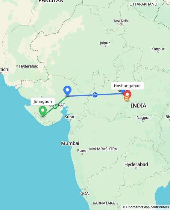 Route map showing distance and travel time from Junagadh, India to Hoshangabad, India