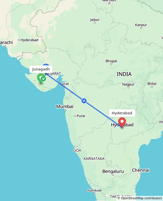 Route map showing distance and travel time from Junagadh, India to Hyderabad, India
