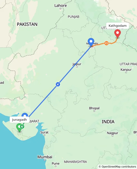 Route map showing distance and travel time from Junagadh, India to Kathgodam, India
