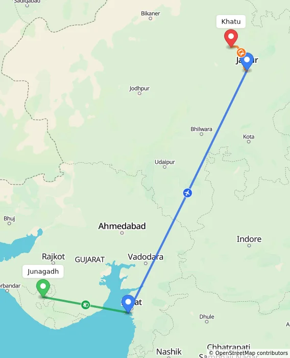Route map showing distance and travel time from Junagadh, India to Khatu, India