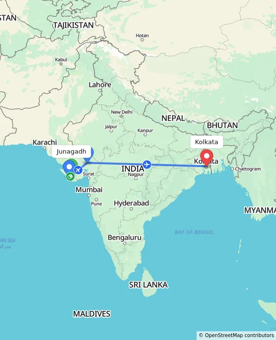 Route map showing distance and travel time from Junagadh, India to Kolkata, India