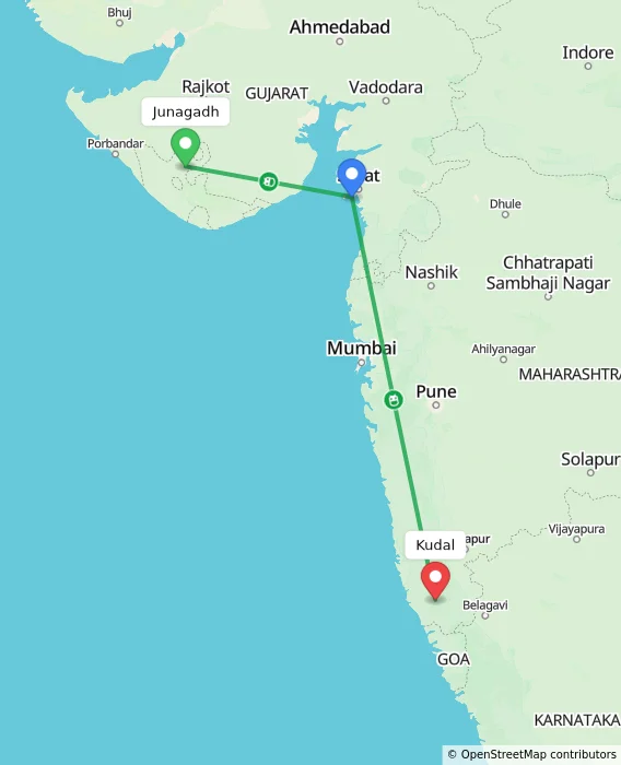 Route map showing distance and travel time from Junagadh, India to Kudal, India