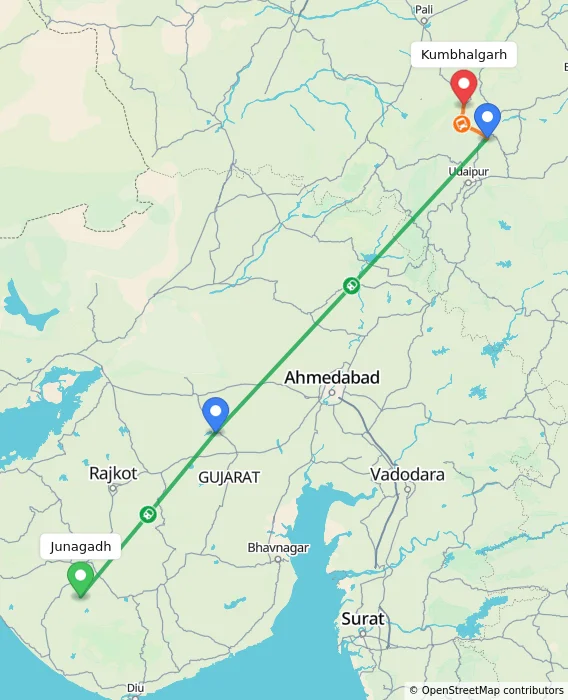 Route map showing distance and travel time from Junagadh, India to Kumbhalgarh, India